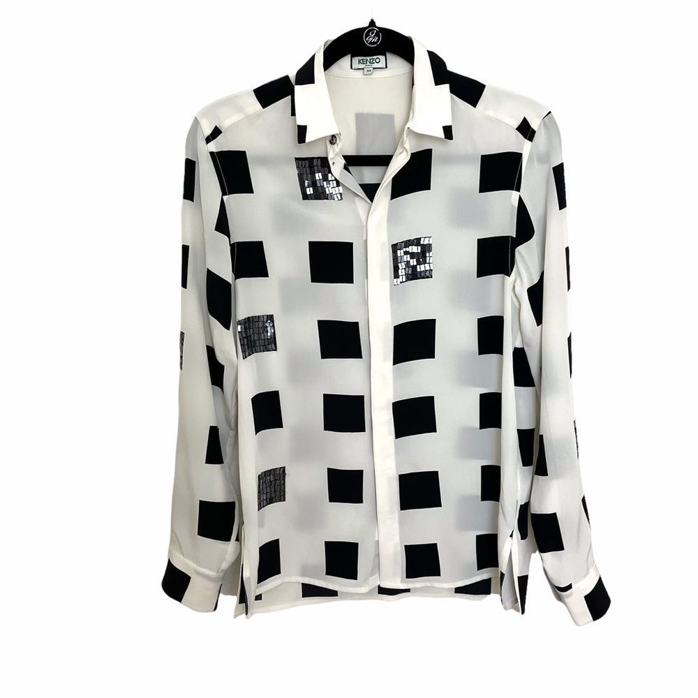Kenzo Paris Black & White Sequin Square Silk Button Down